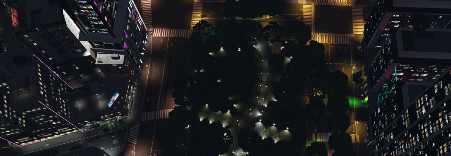 Aerial view of the city park lit up at night