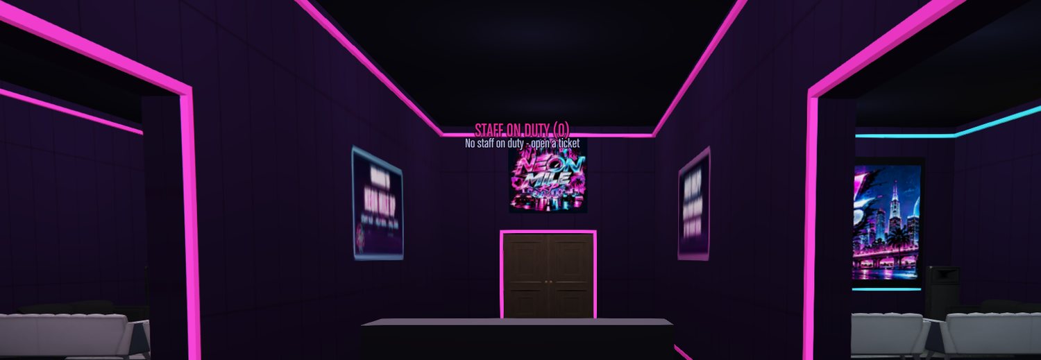 Inside the staff hub: pink and blue neon hallway and front desk